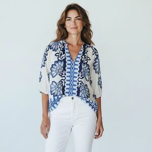 THML White Tunic with Blue Floral Design